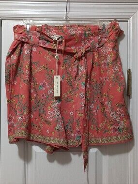 Max Studio Coral Floral Paperbag Belted Waist Shorts XL New With Tags